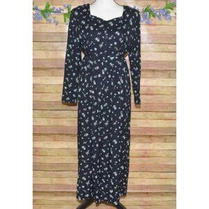 Vintage S. Roberts Black Floral Maxi Dress Size 11 12 Prairie Cottagecore Modest